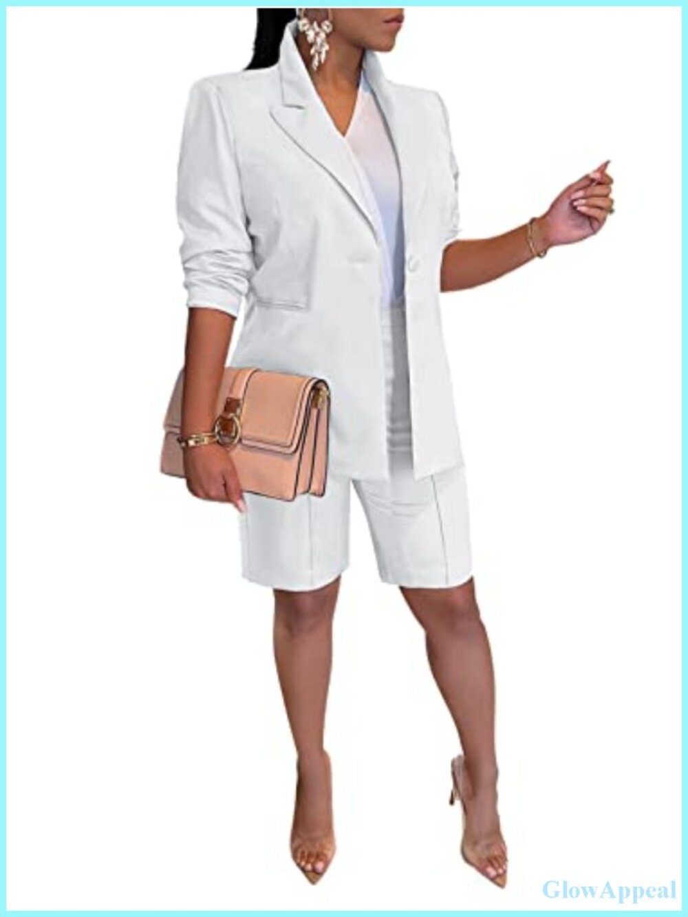 2 Piece Blazer Shorts Set Polyester Spandex Work Suit Open Front